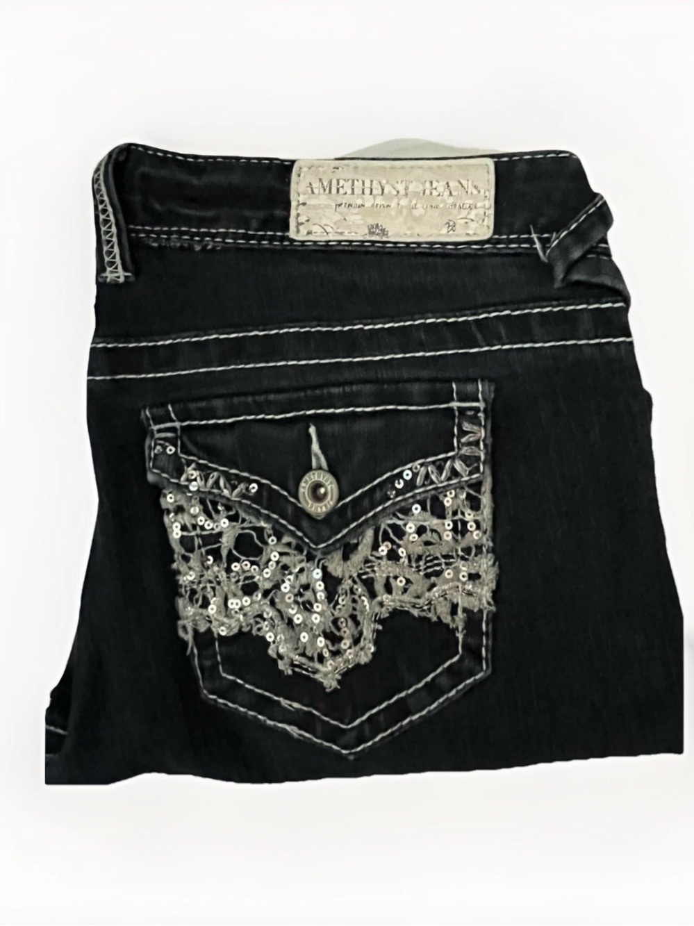 Amethyst Y2K Jeans Women's Thick Stitch Bling Sequin Lace Flap Pocket Size 5